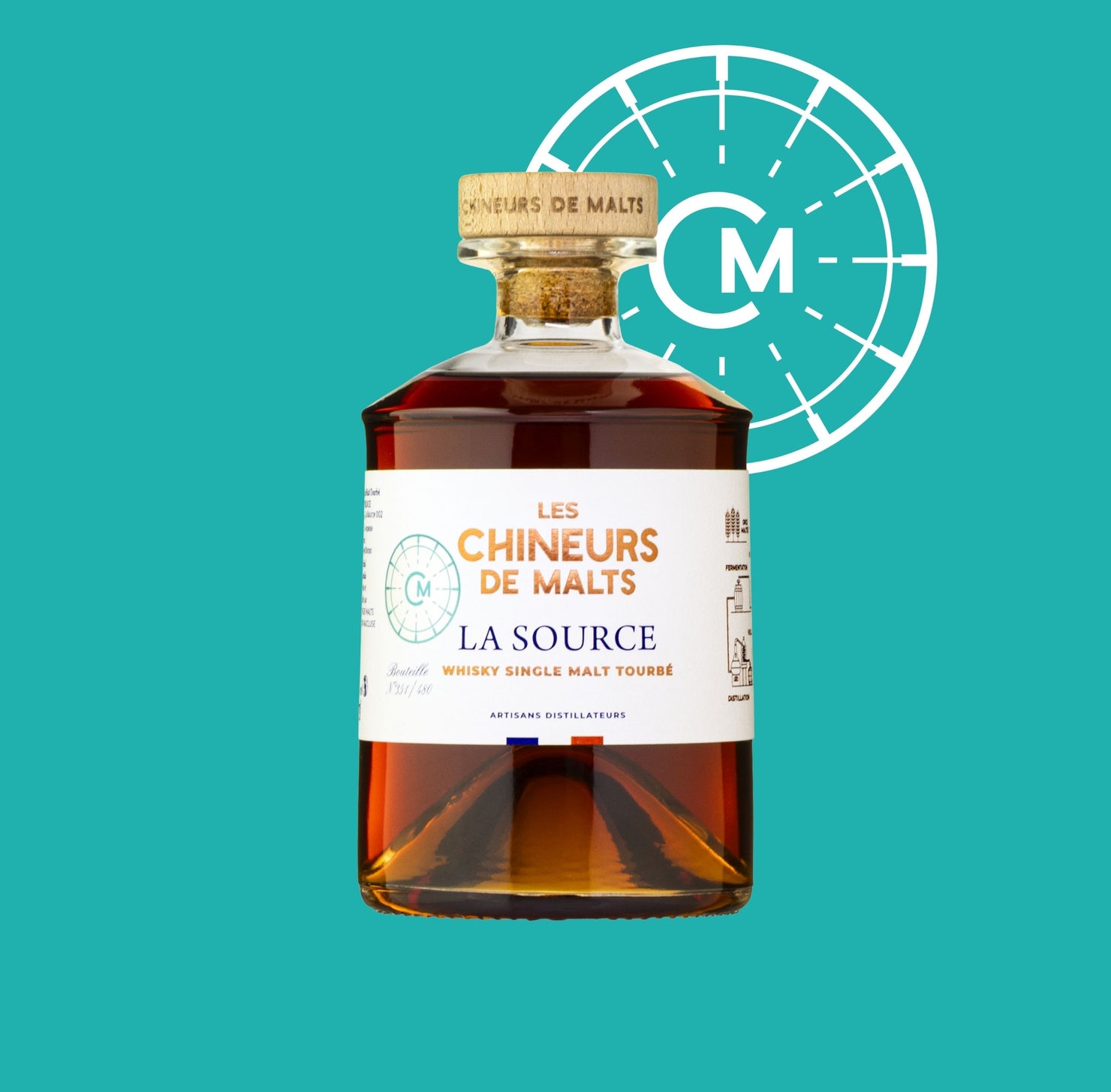 Bouteille de whisky single malt tourbé La Source par Les Chineurs de Malts au Thor, élevé dans un fût unique ayant contenu du Sherry Oloroso