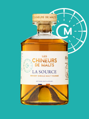 Bouteille de whisky single malt tourbé La Source par Les Chineurs de Malts au Thor, élevé dans un fût neuf et un ex Scotch Whisky